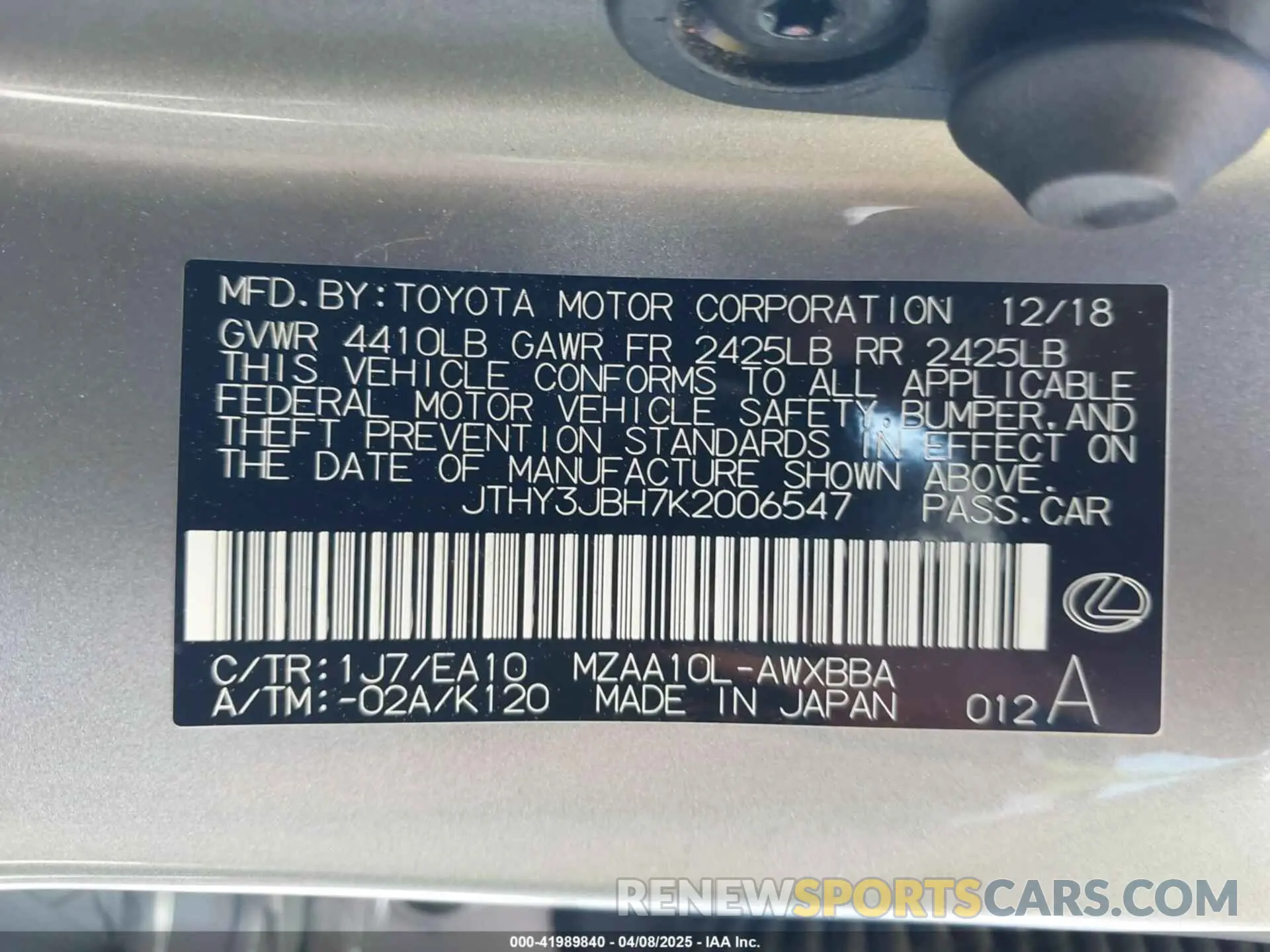 9 fotografías del automóvil dañado JTHY3JBH7K2006547 LEXUS UX 200 2019