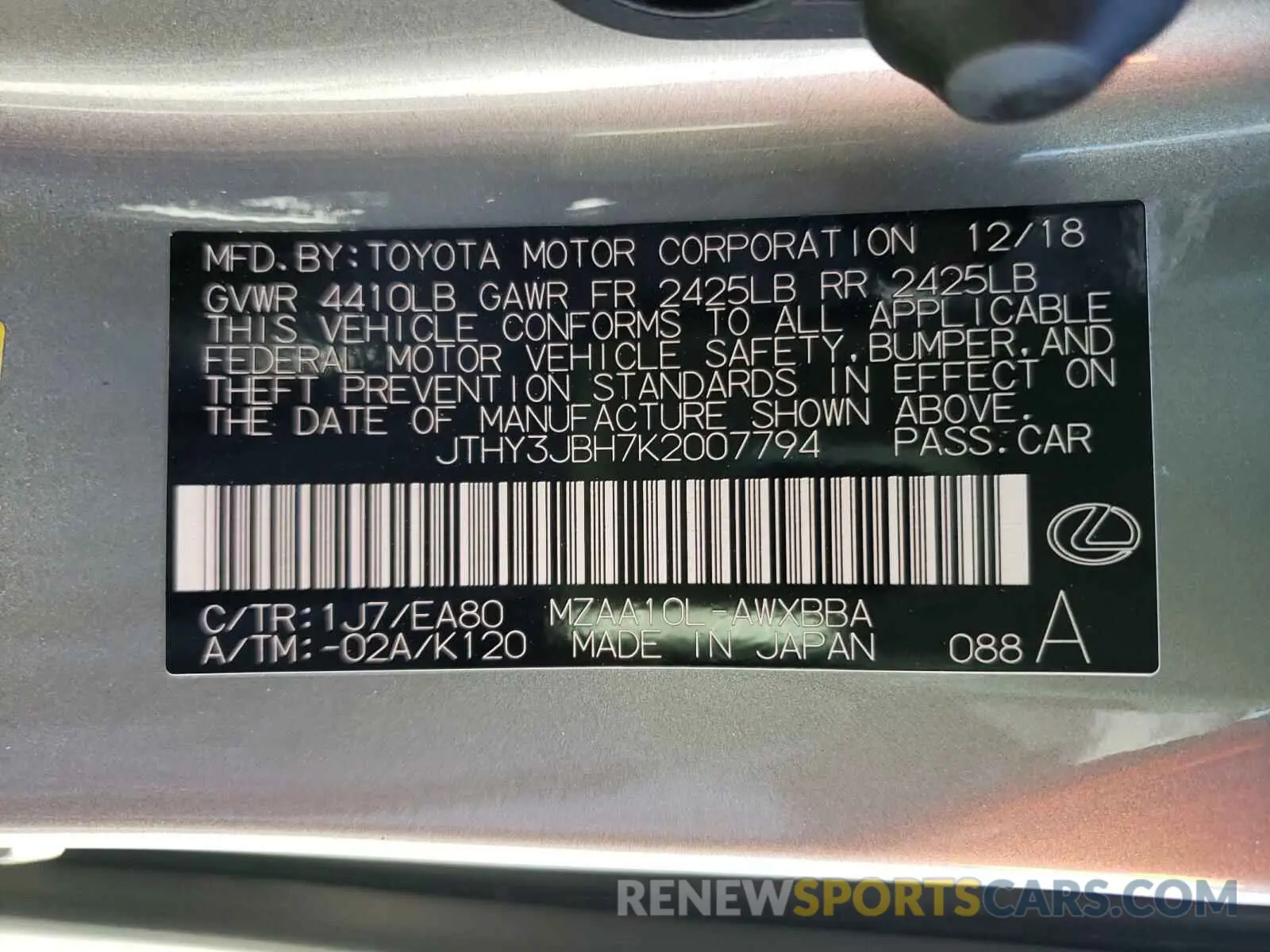 10 fotografías del automóvil dañado JTHY3JBH7K2007794 LEXUS UX 200 2019