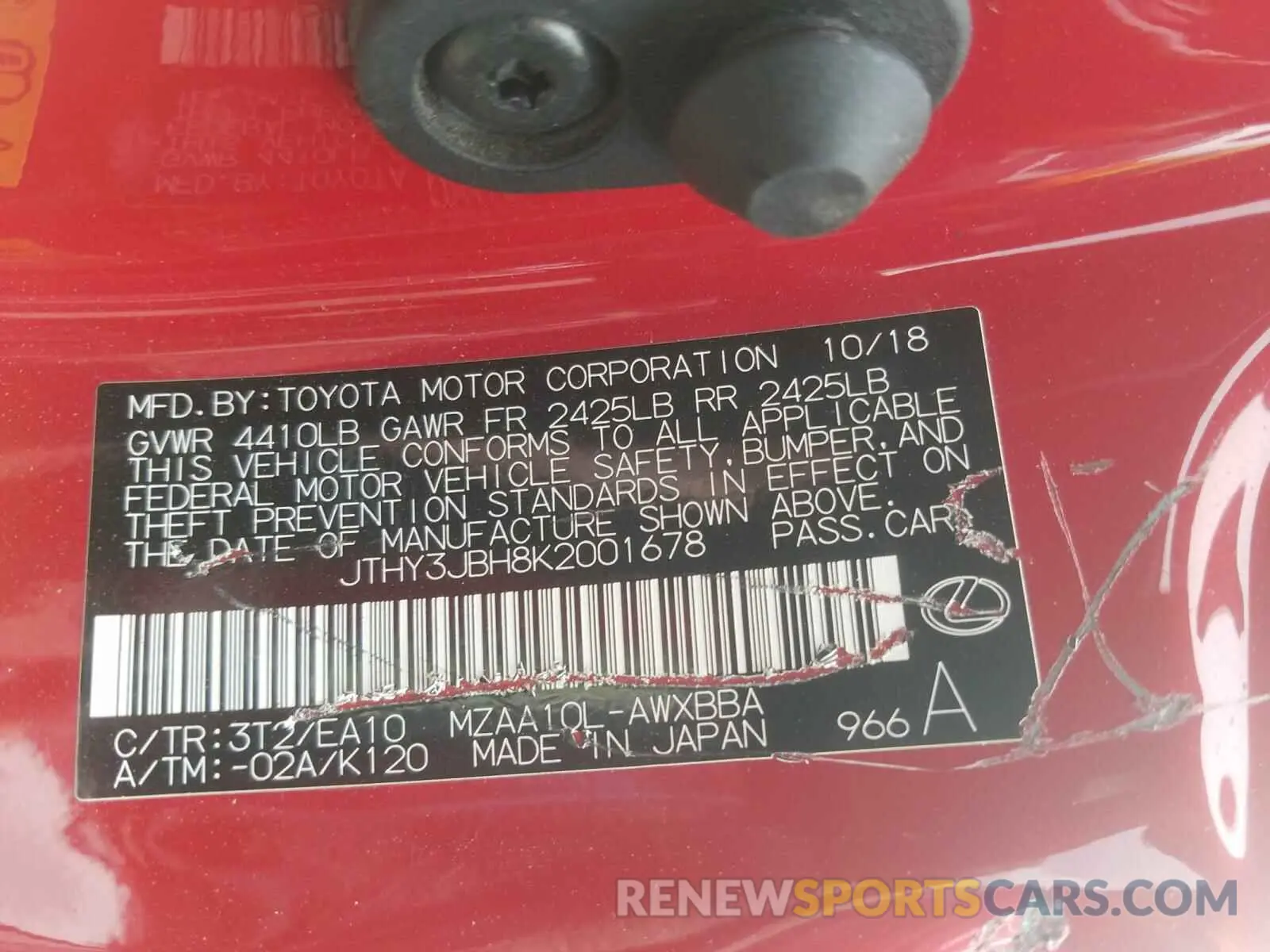 10 fotografías del automóvil dañado JTHY3JBH8K2001678 LEXUS UX 200 2019
