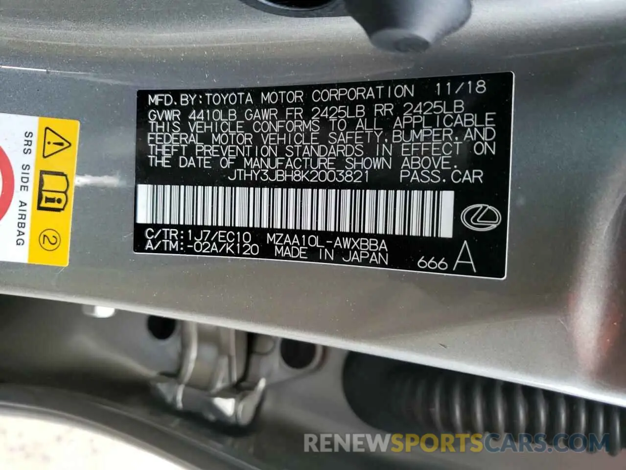10 fotografías del automóvil dañado JTHY3JBH8K2003821 LEXUS UX 200 2019