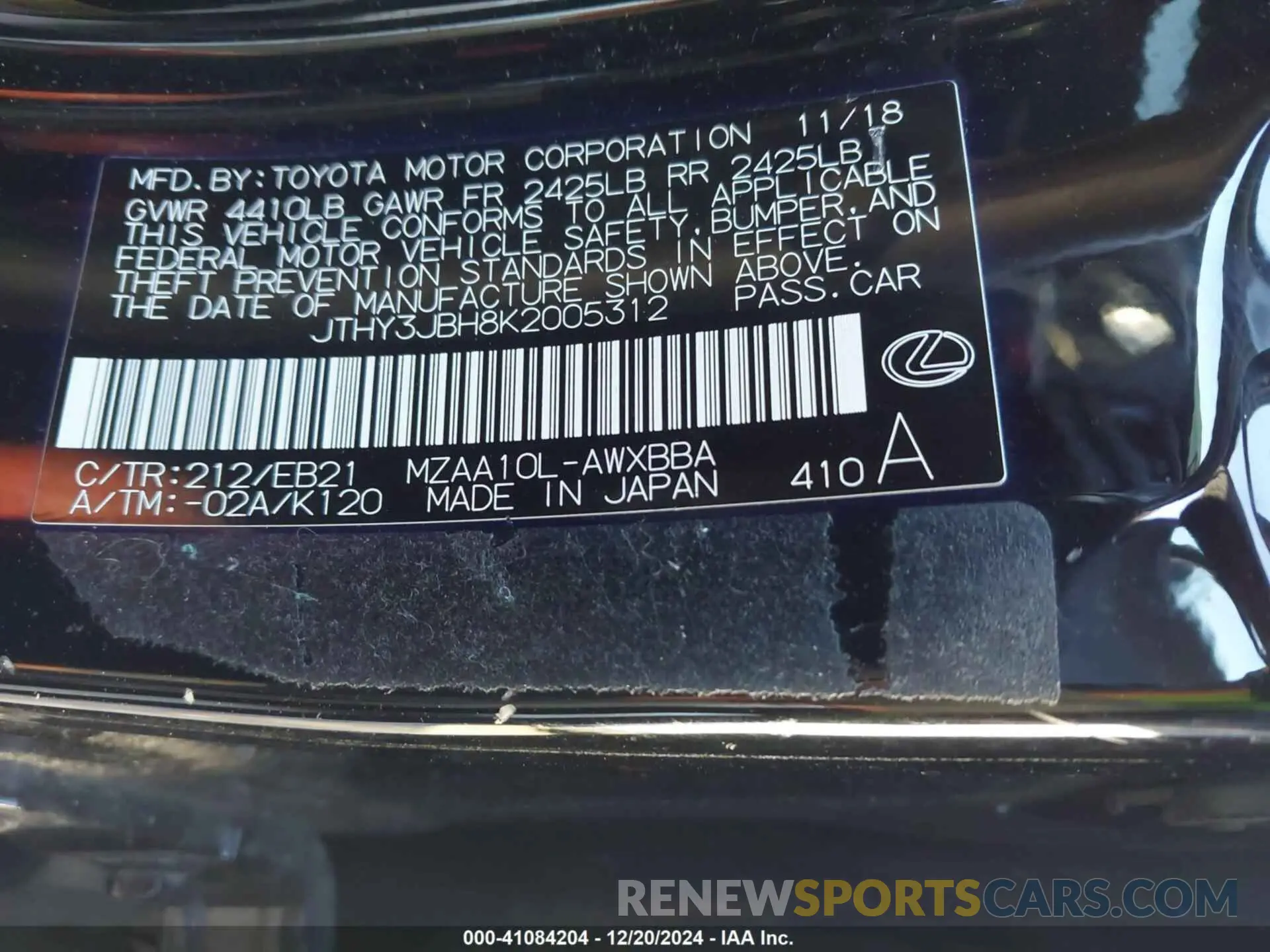 9 fotografías del automóvil dañado JTHY3JBH8K2005312 LEXUS UX 200 2019