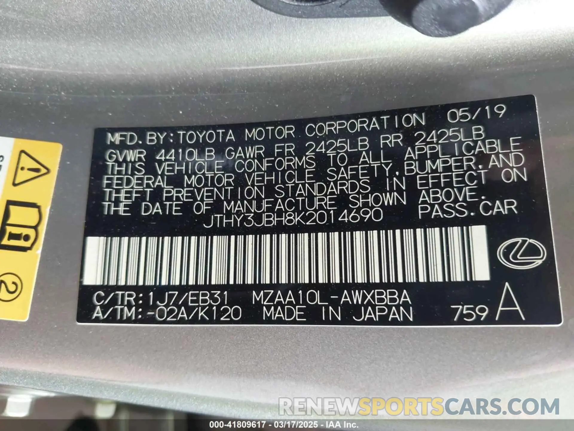 9 fotografías del automóvil dañado JTHY3JBH8K2014690 LEXUS UX 200 2019