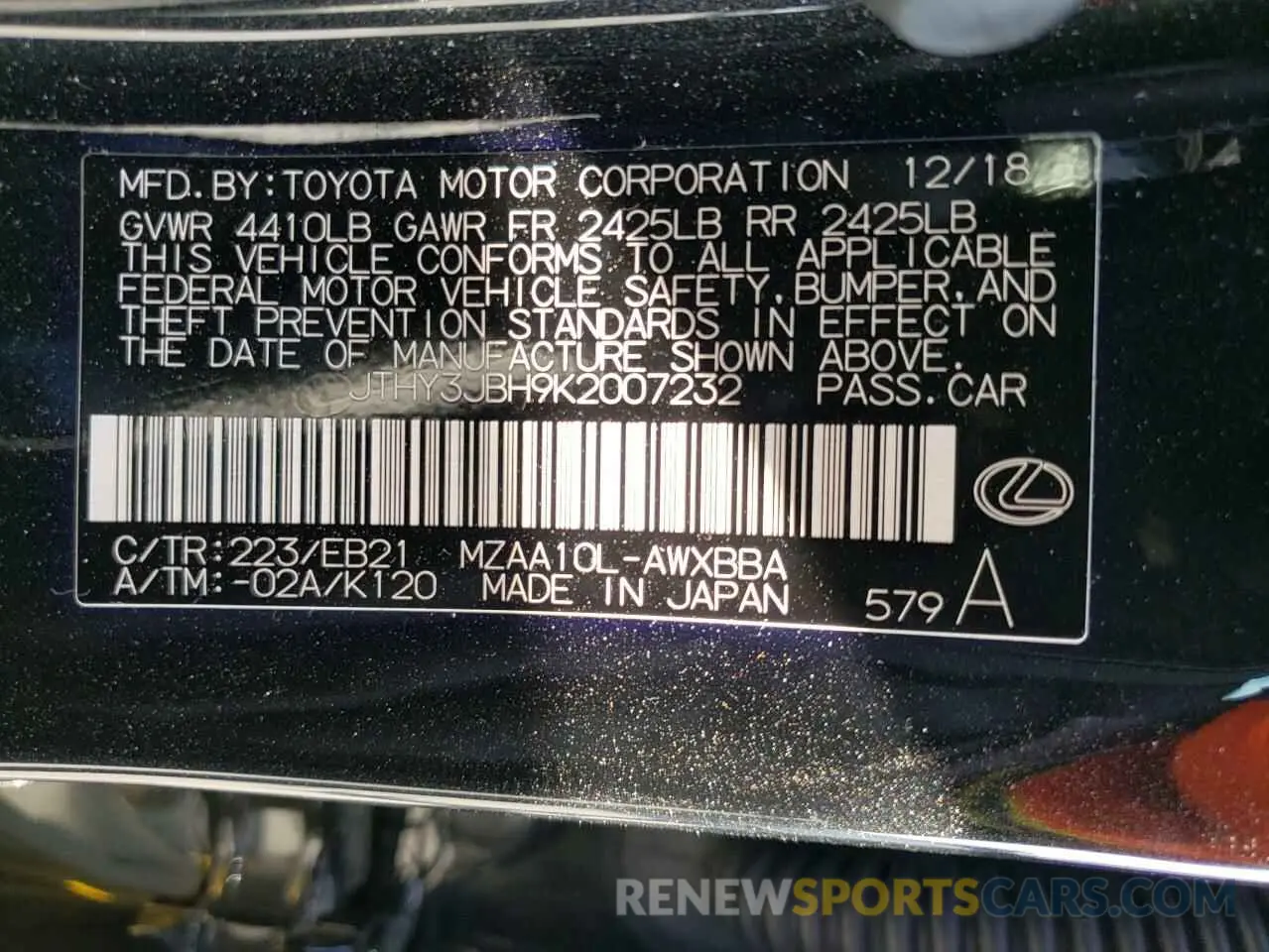 10 fotografías del automóvil dañado JTHY3JBH9K2007232 LEXUS UX 200 2019