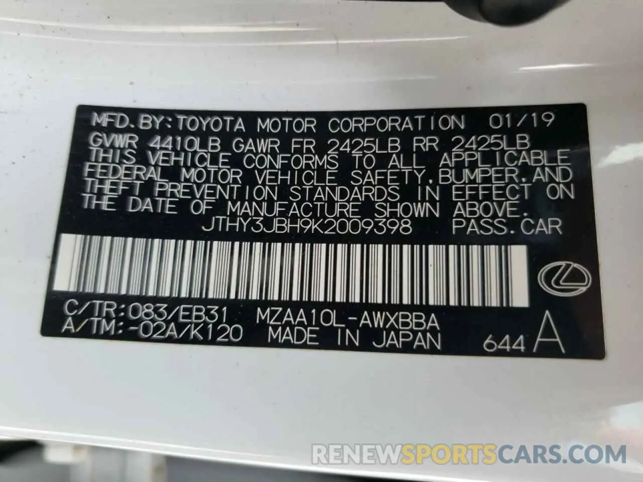 10 fotografías del automóvil dañado JTHY3JBH9K2009398 LEXUS UX 200 2019