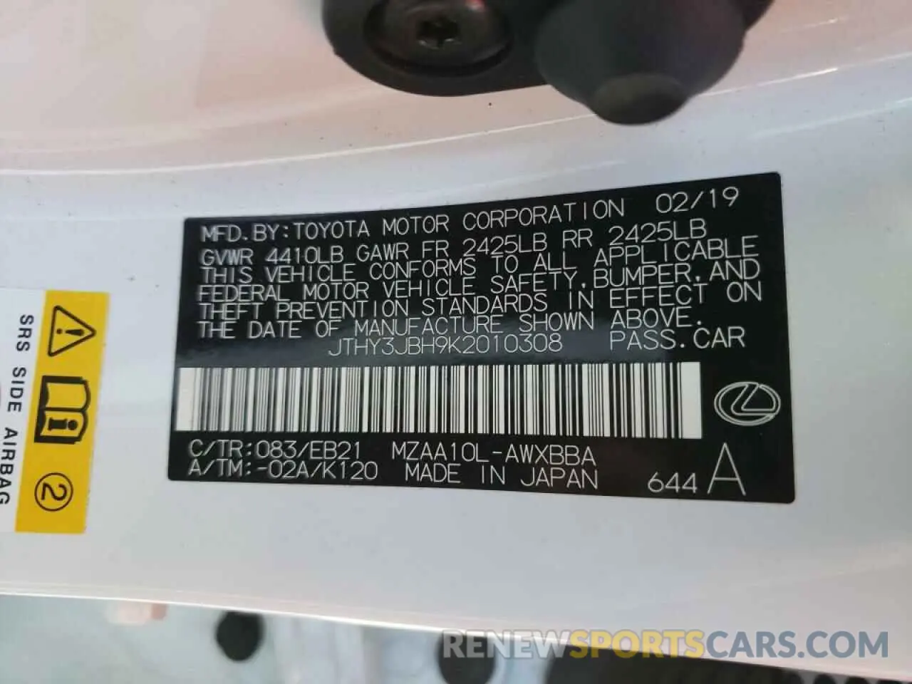10 fotografías del automóvil dañado JTHY3JBH9K2010308 LEXUS UX 200 2019