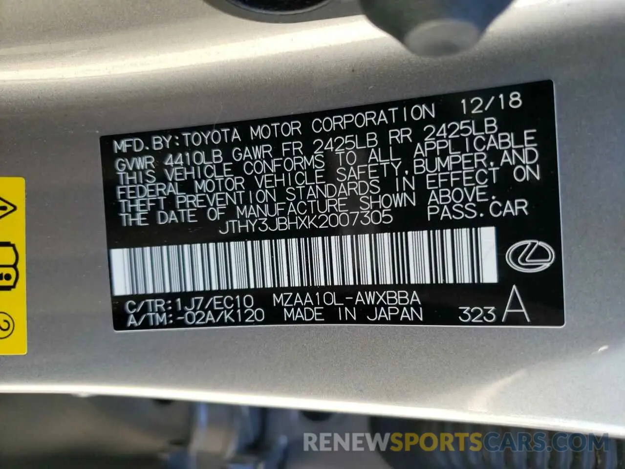 10 fotografías del automóvil dañado JTHY3JBHXK2007305 LEXUS UX 200 2019