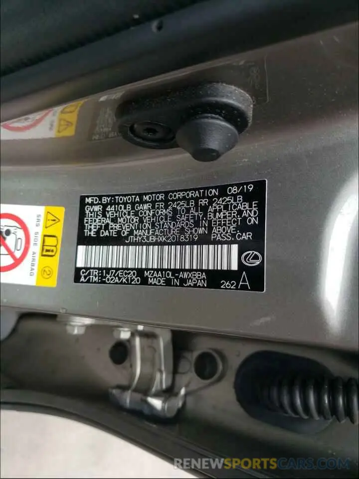 10 fotografías del automóvil dañado JTHY3JBHXK2018319 LEXUS UX 200 2019