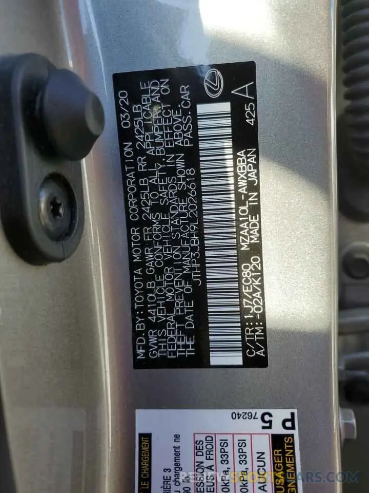 14 fotografías del automóvil dañado JTHP3JBH9L2026618 LEXUS UX 200 2020