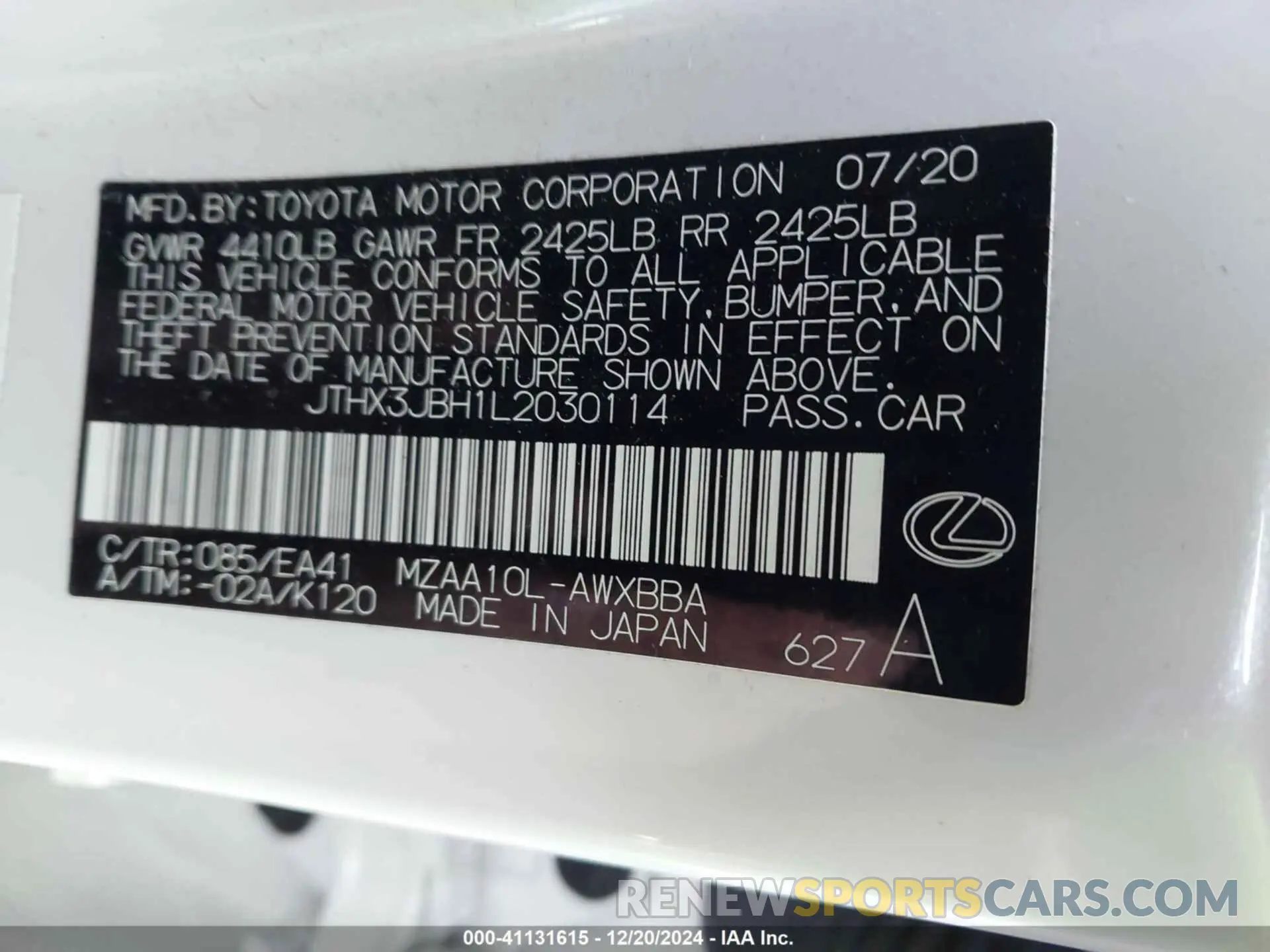 9 fotografías del automóvil dañado JTHX3JBH1L2030114 LEXUS UX 200 2020