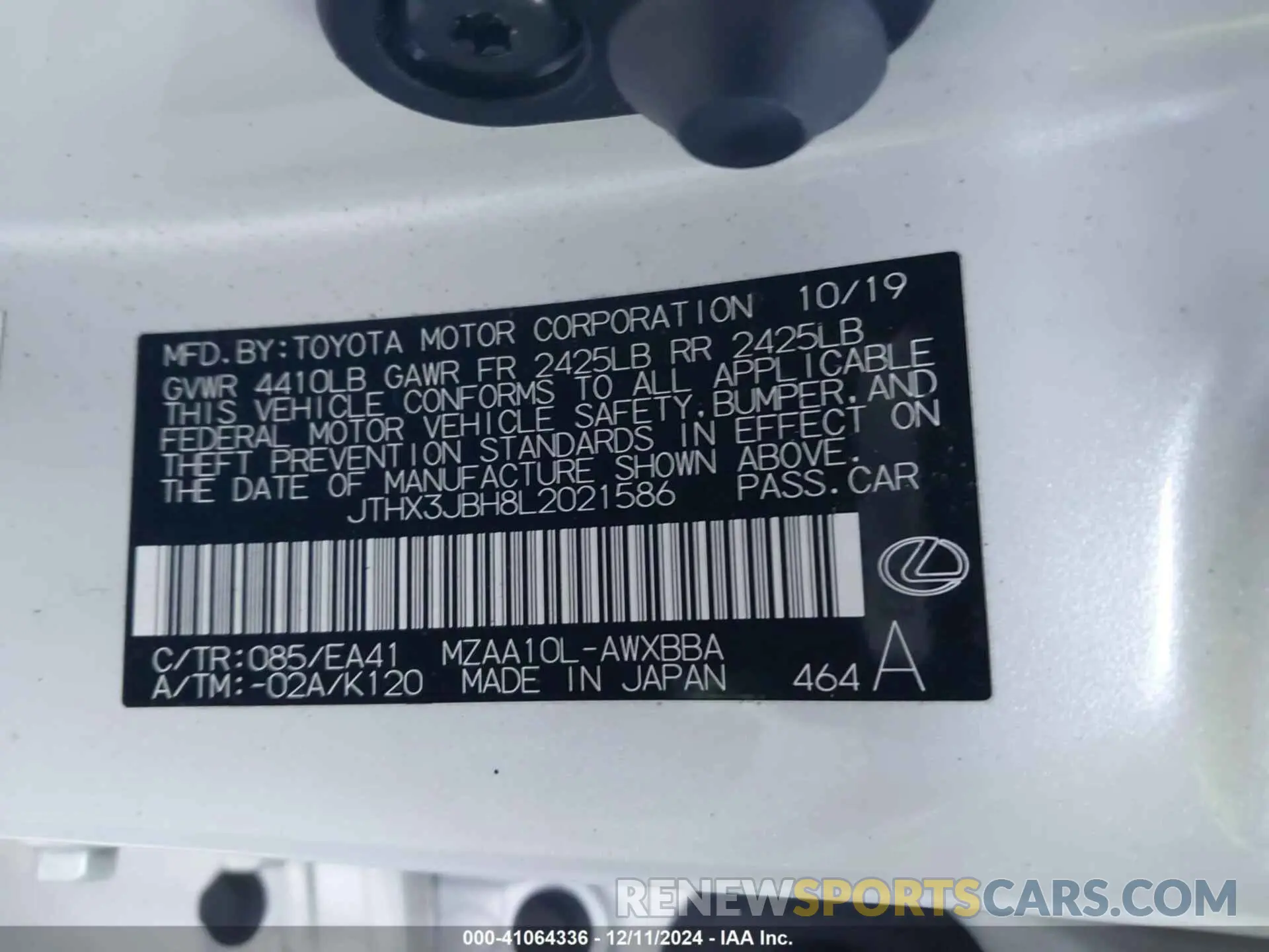9 fotografías del automóvil dañado JTHX3JBH8L2021586 LEXUS UX 200 2020