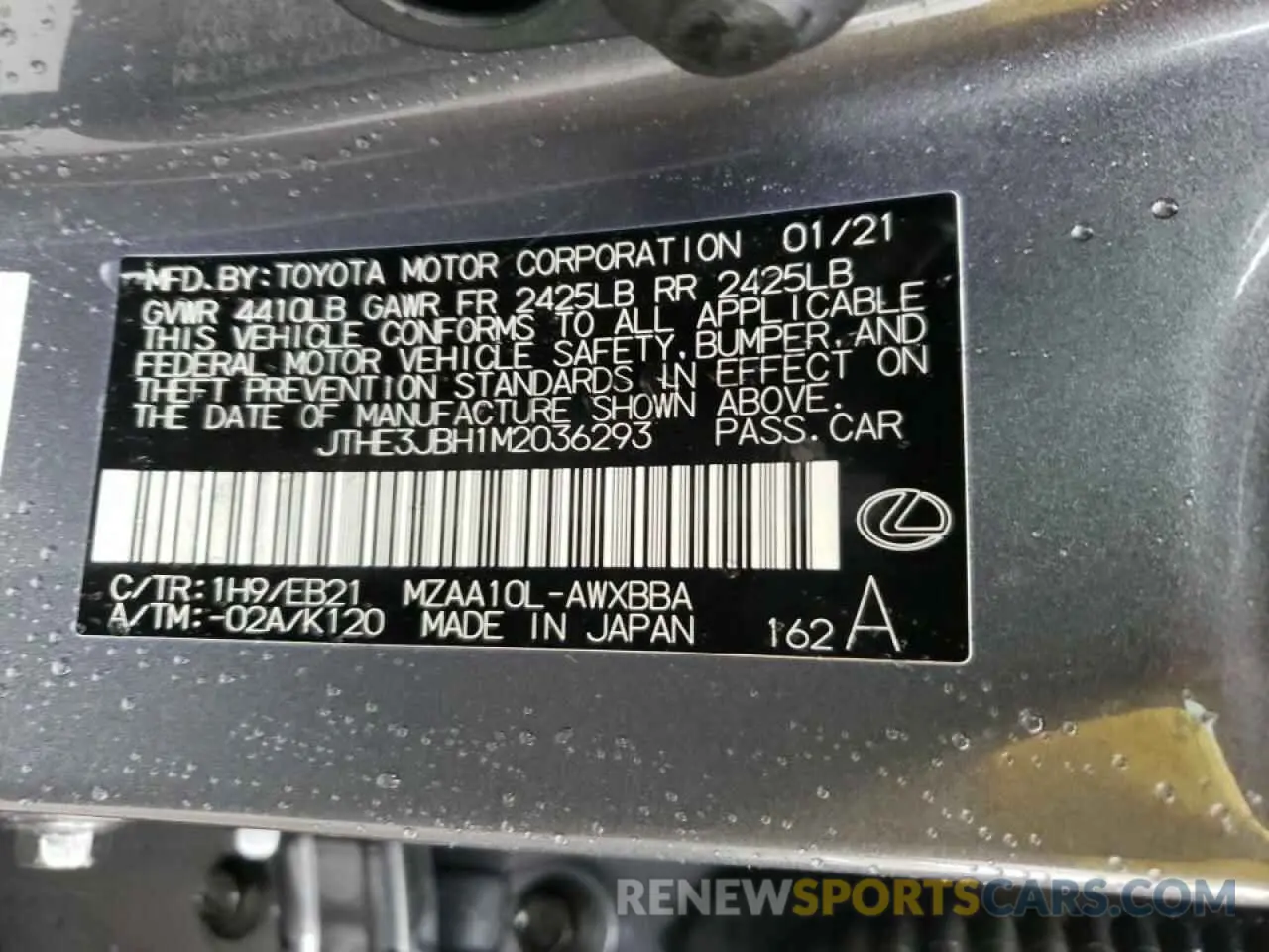 10 fotografías del automóvil dañado JTHE3JBH1M2036293 LEXUS UX 200 2021