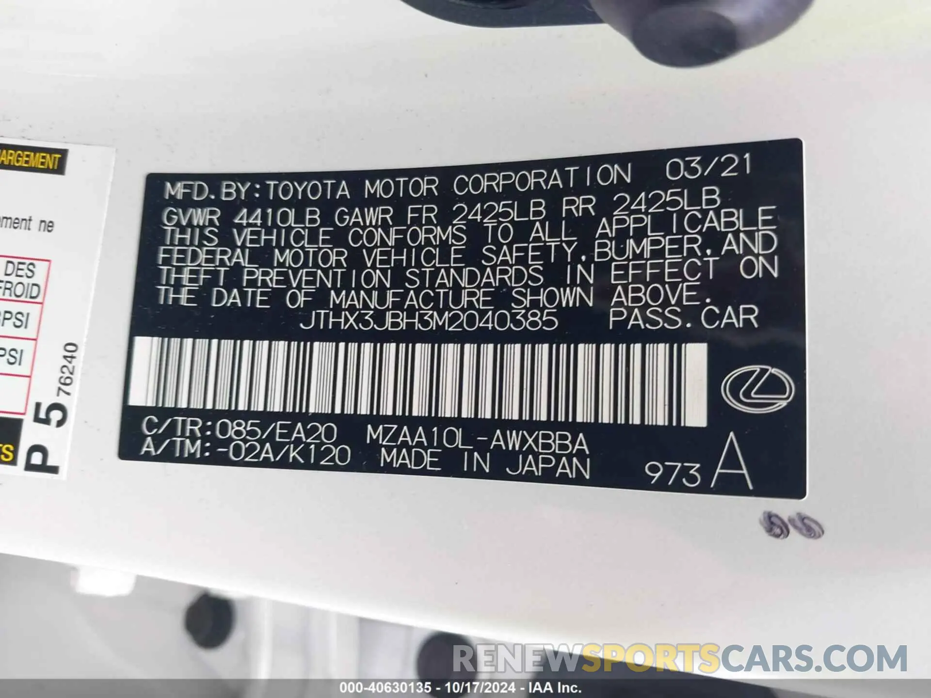 9 fotografías del automóvil dañado JTHX3JBH3M2040385 LEXUS UX 200 2021