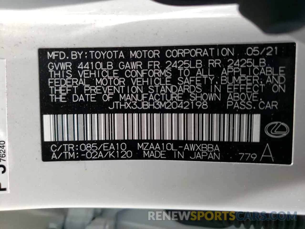 10 fotografías del automóvil dañado JTHX3JBH3M2042198 LEXUS UX 200 2021