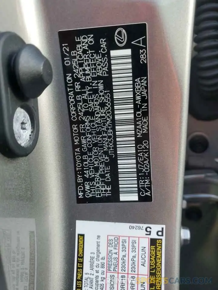 14 fotografías del automóvil dañado JTHX3JBH7M2036551 LEXUS UX 200 2021