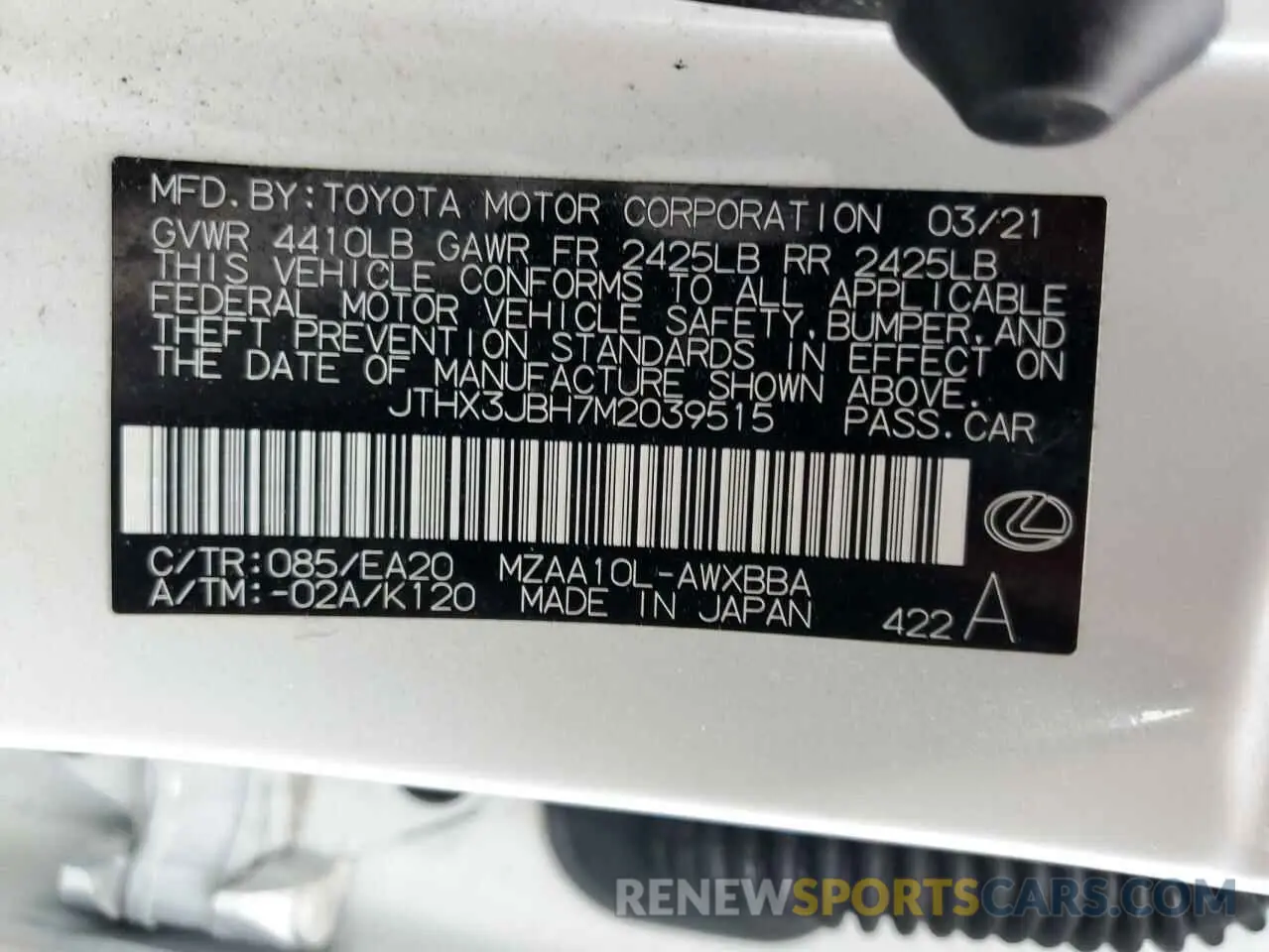 12 fotografías del automóvil dañado JTHX3JBH7M2039515 LEXUS UX 200 2021