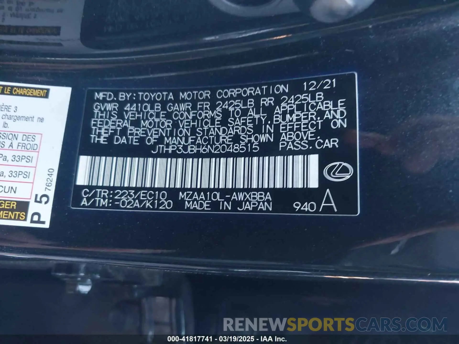 9 fotografías del automóvil dañado JTHP3JBH6N2048515 LEXUS UX 200 2022