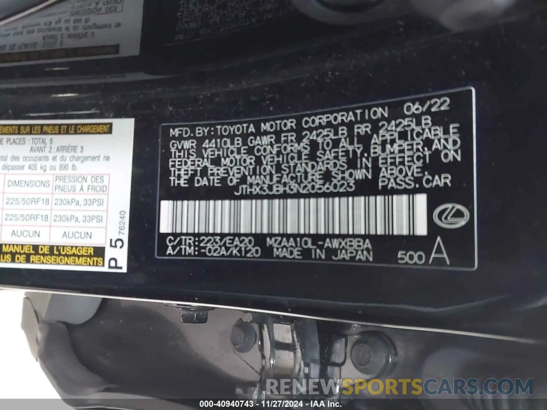 9 fotografías del automóvil dañado JTHX3JBH3N2056023 LEXUS UX 200 2022