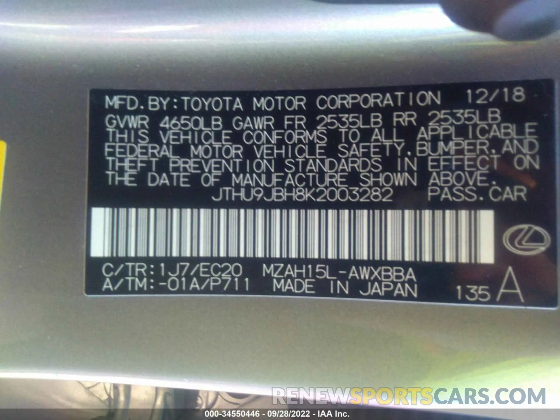 9 fotografías del automóvil dañado JTHU9JBH8K2003282 LEXUS UX 2019