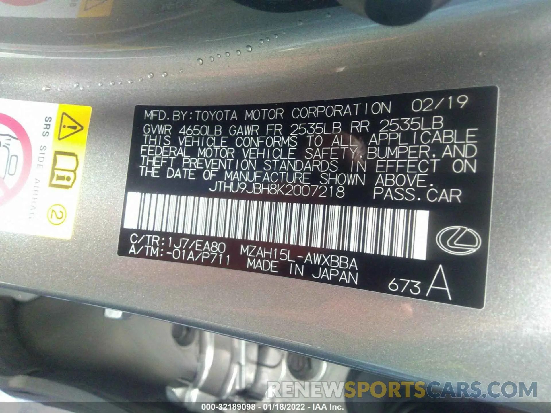 9 fotografías del automóvil dañado JTHU9JBH8K2007218 LEXUS UX 2019