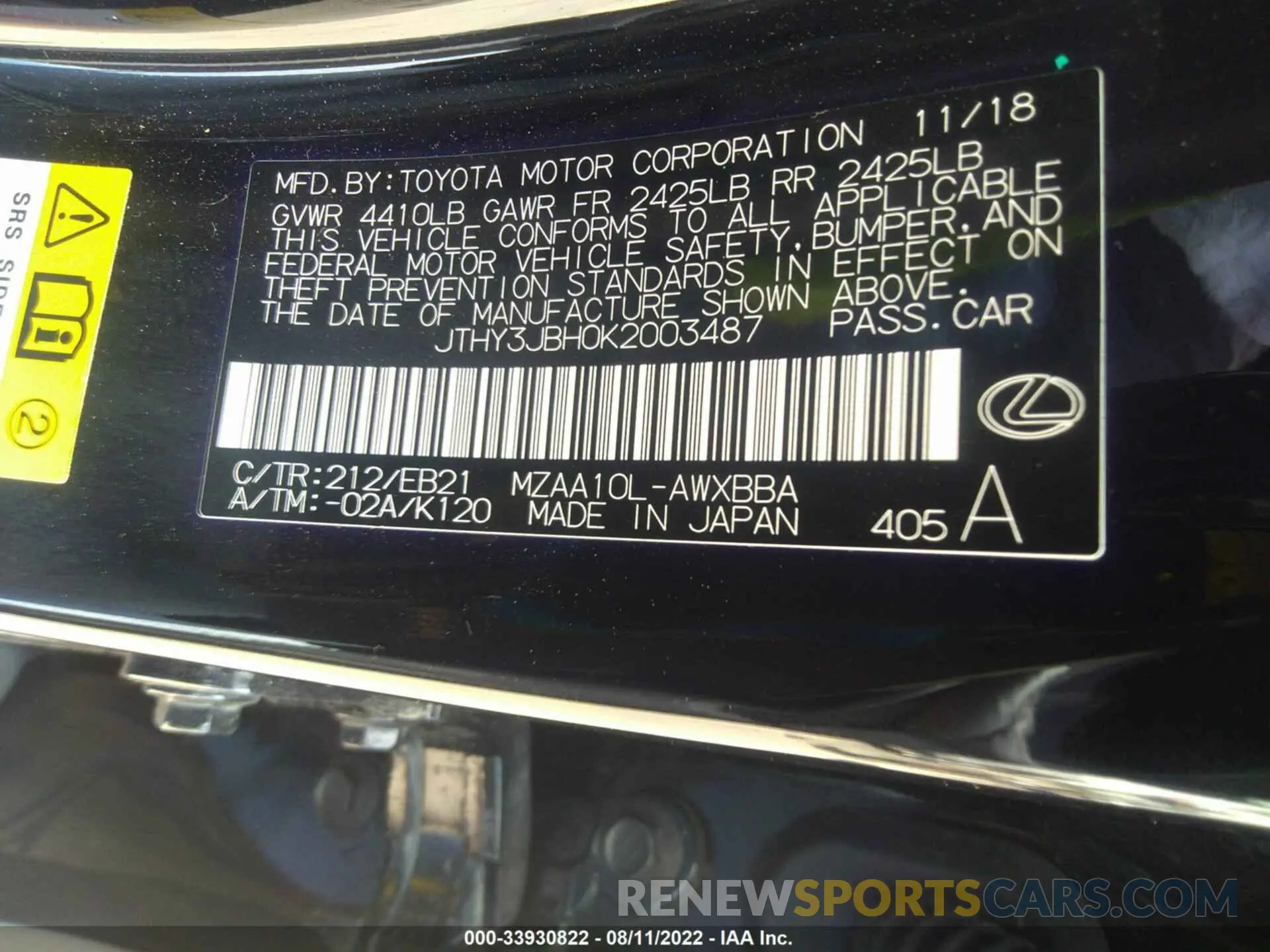 9 fotografías del automóvil dañado JTHY3JBH0K2003487 LEXUS UX 2019