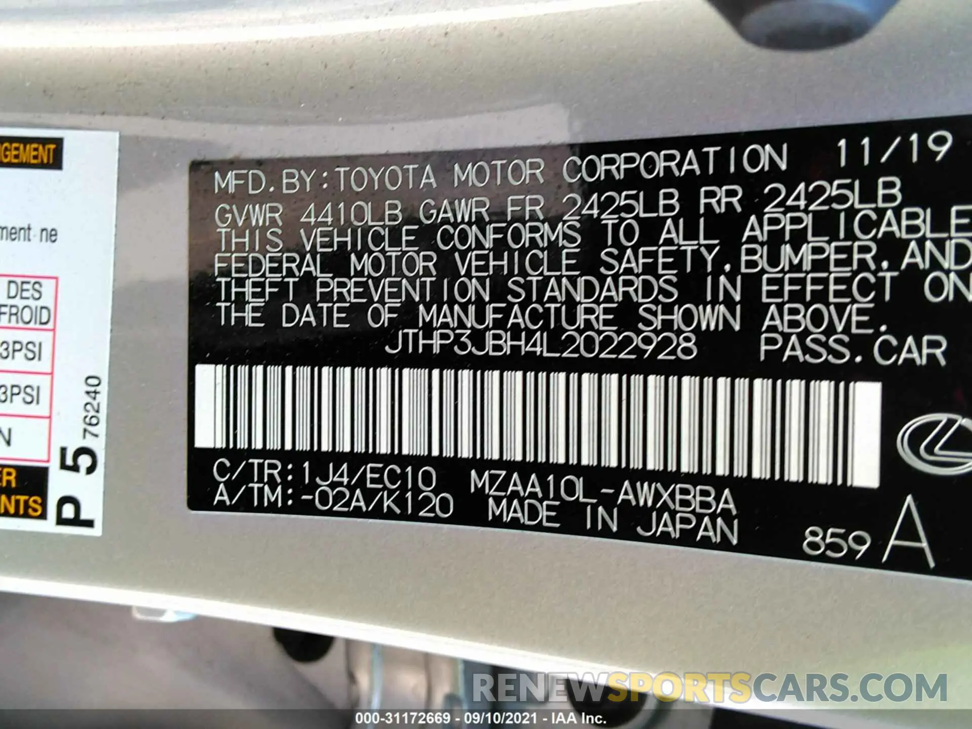9 fotografías del automóvil dañado JTHP3JBH4L2022928 LEXUS UX 2020