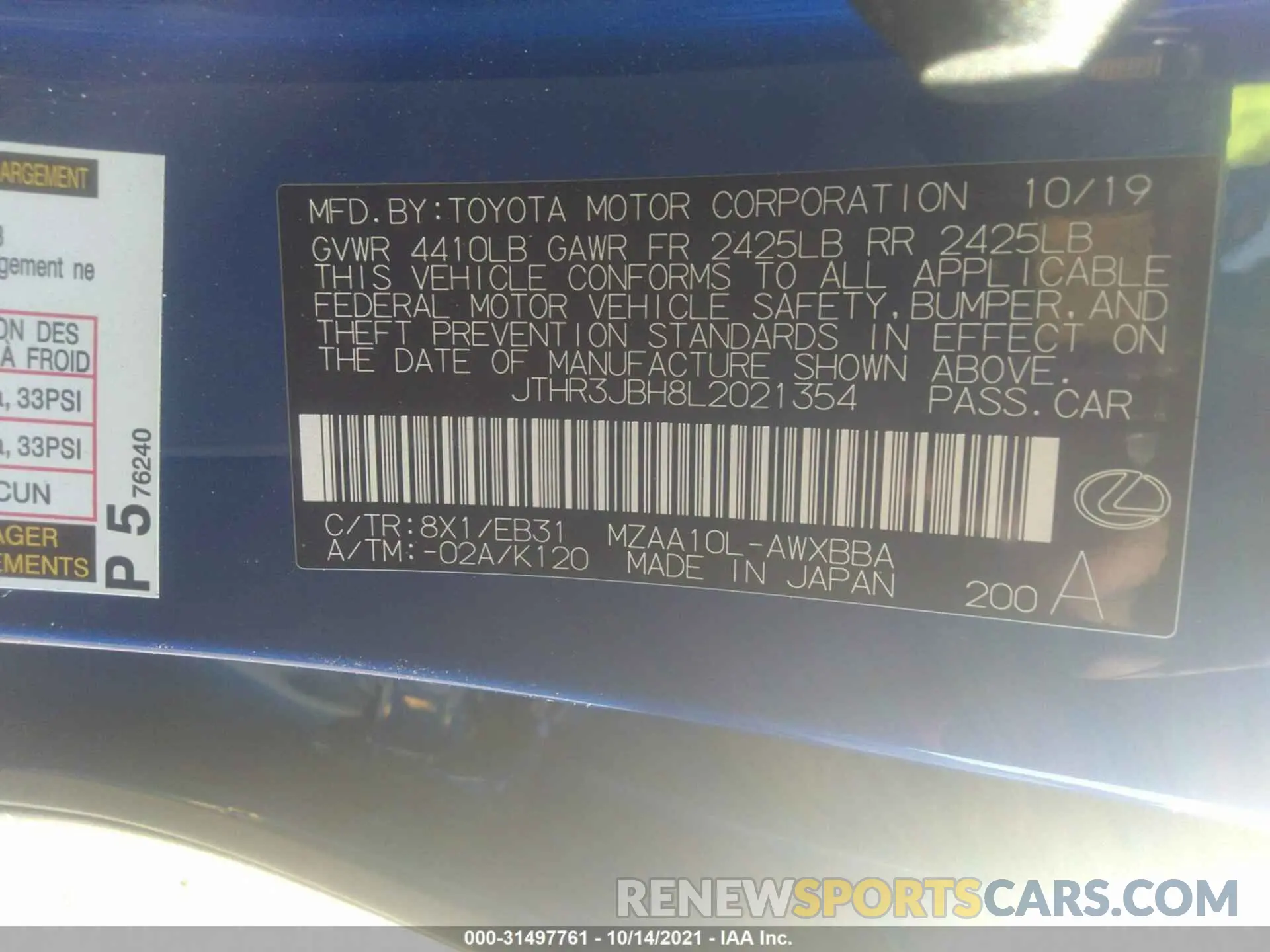 9 fotografías del automóvil dañado JTHR3JBH8L2021354 LEXUS UX 2020