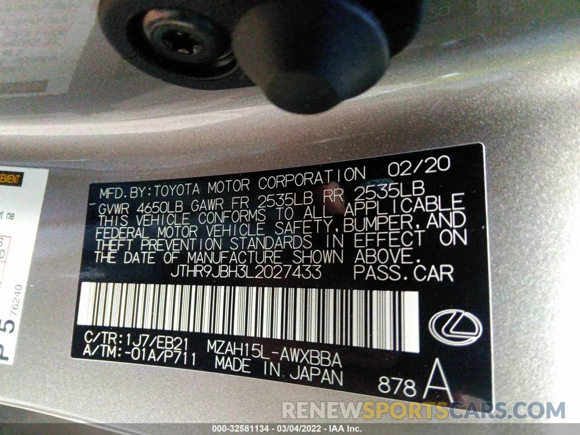 9 fotografías del automóvil dañado JTHR9JBH3L2027433 LEXUS UX 2020