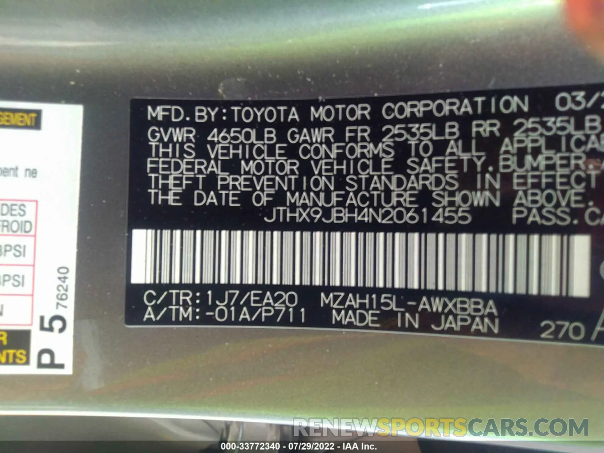 9 fotografías del automóvil dañado JTHX9JBH4N2061455 LEXUS UX 2022