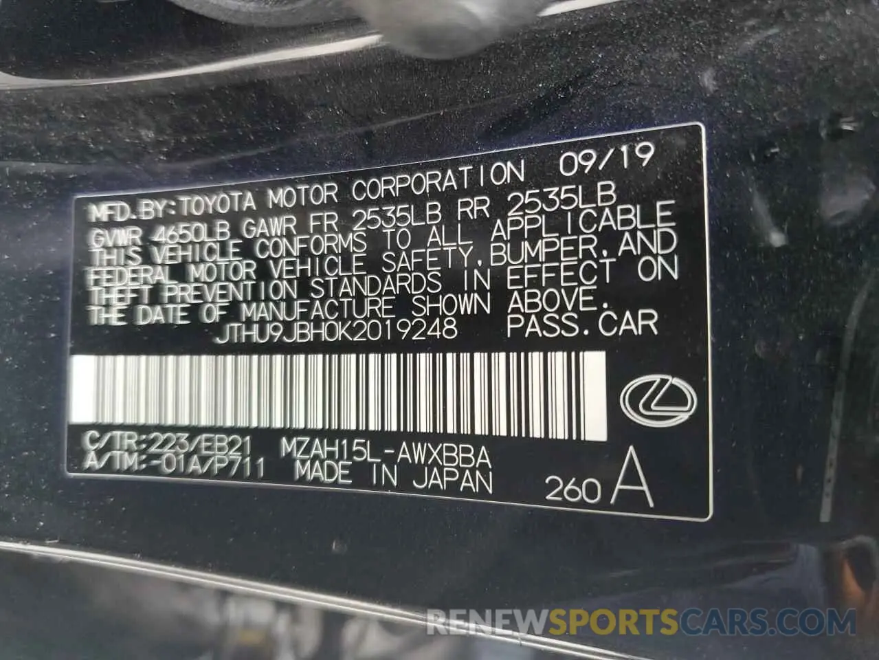 14 fotografías del automóvil dañado JTHU9JBH0K2019248 LEXUS UX 250H 2019