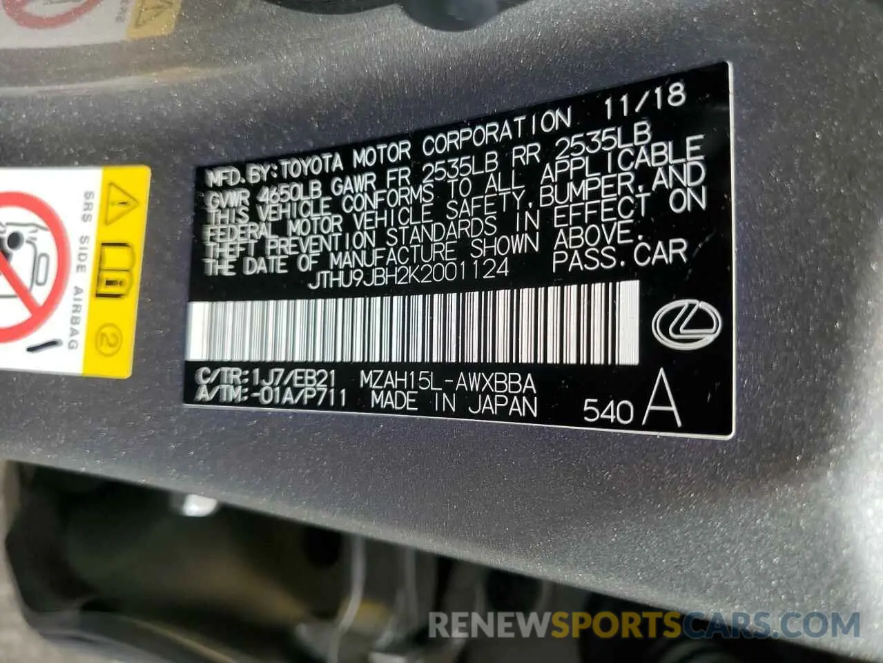 12 fotografías del automóvil dañado JTHU9JBH2K2001124 LEXUS UX 250H 2019