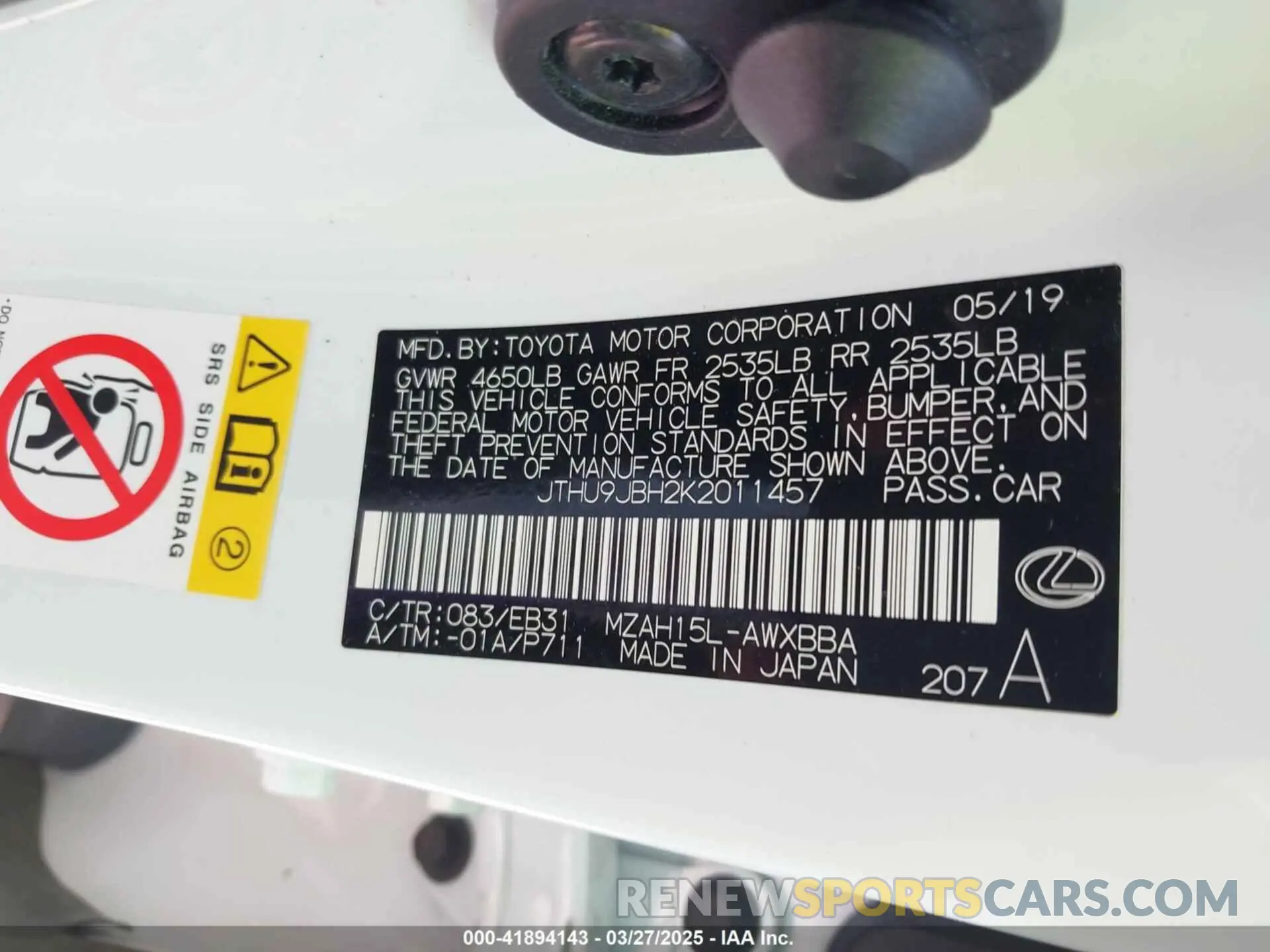 9 fotografías del automóvil dañado JTHU9JBH2K2011457 LEXUS UX 250H 2019