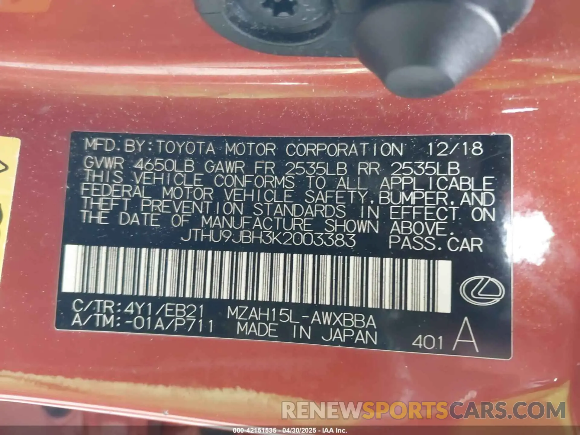 9 fotografías del automóvil dañado JTHU9JBH3K2003383 LEXUS UX 250H 2019