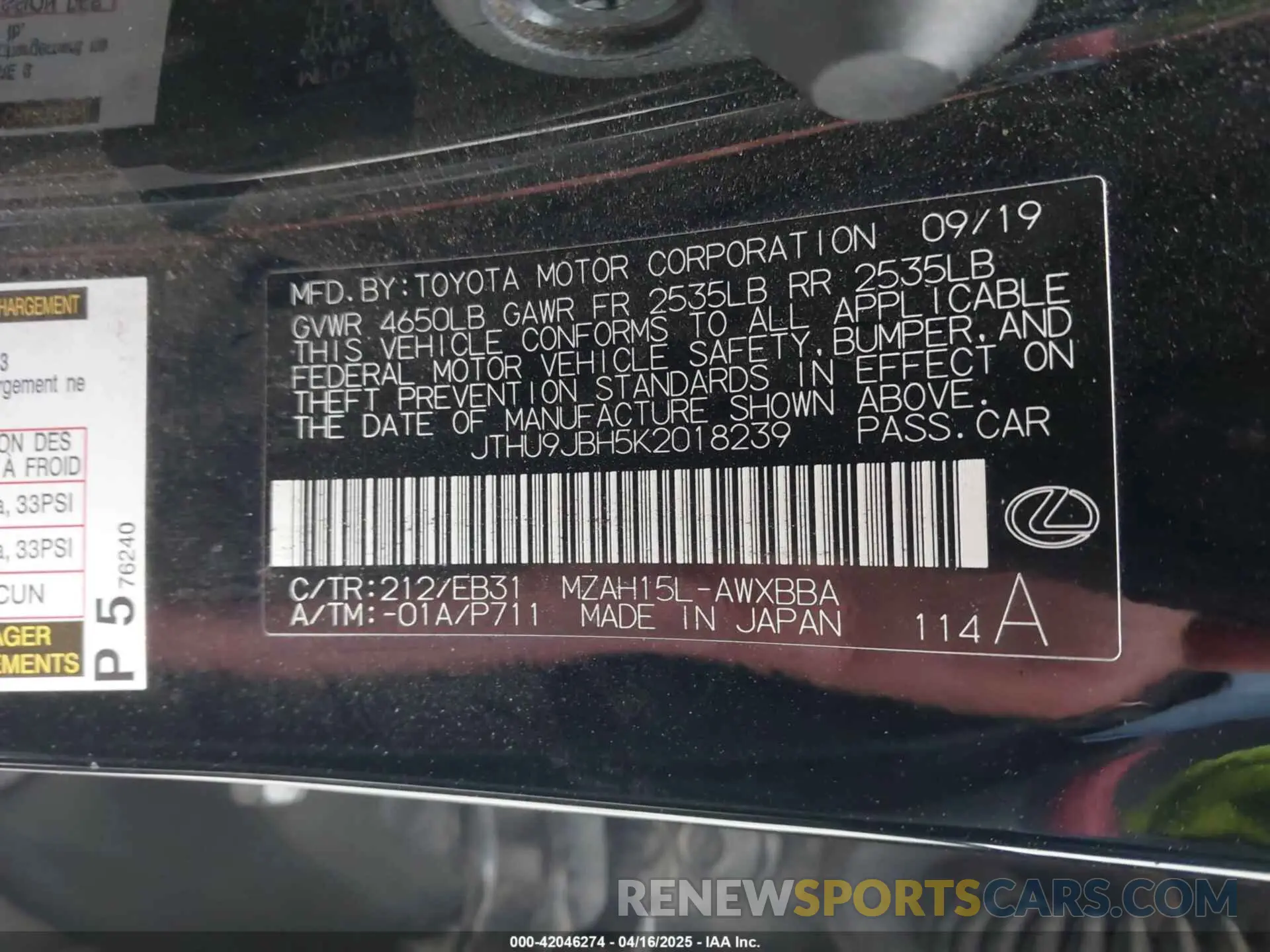 9 fotografías del automóvil dañado JTHU9JBH5K2018239 LEXUS UX 250H 2019