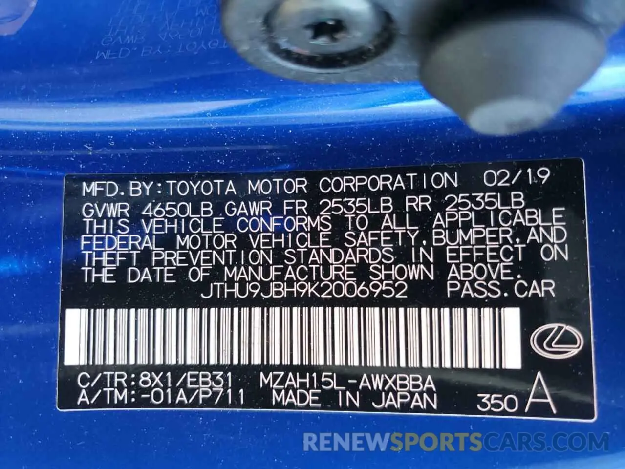 10 fotografías del automóvil dañado JTHU9JBH9K2006952 LEXUS UX 250H 2019