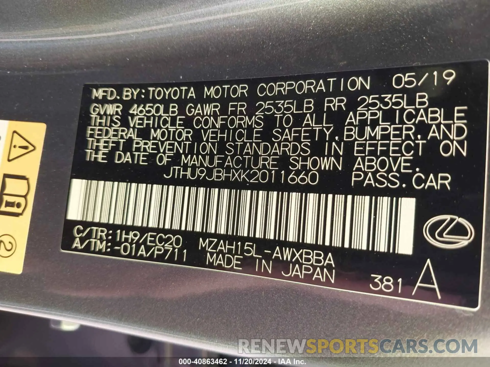 9 fotografías del automóvil dañado JTHU9JBHXK2011660 LEXUS UX 250H 2019
