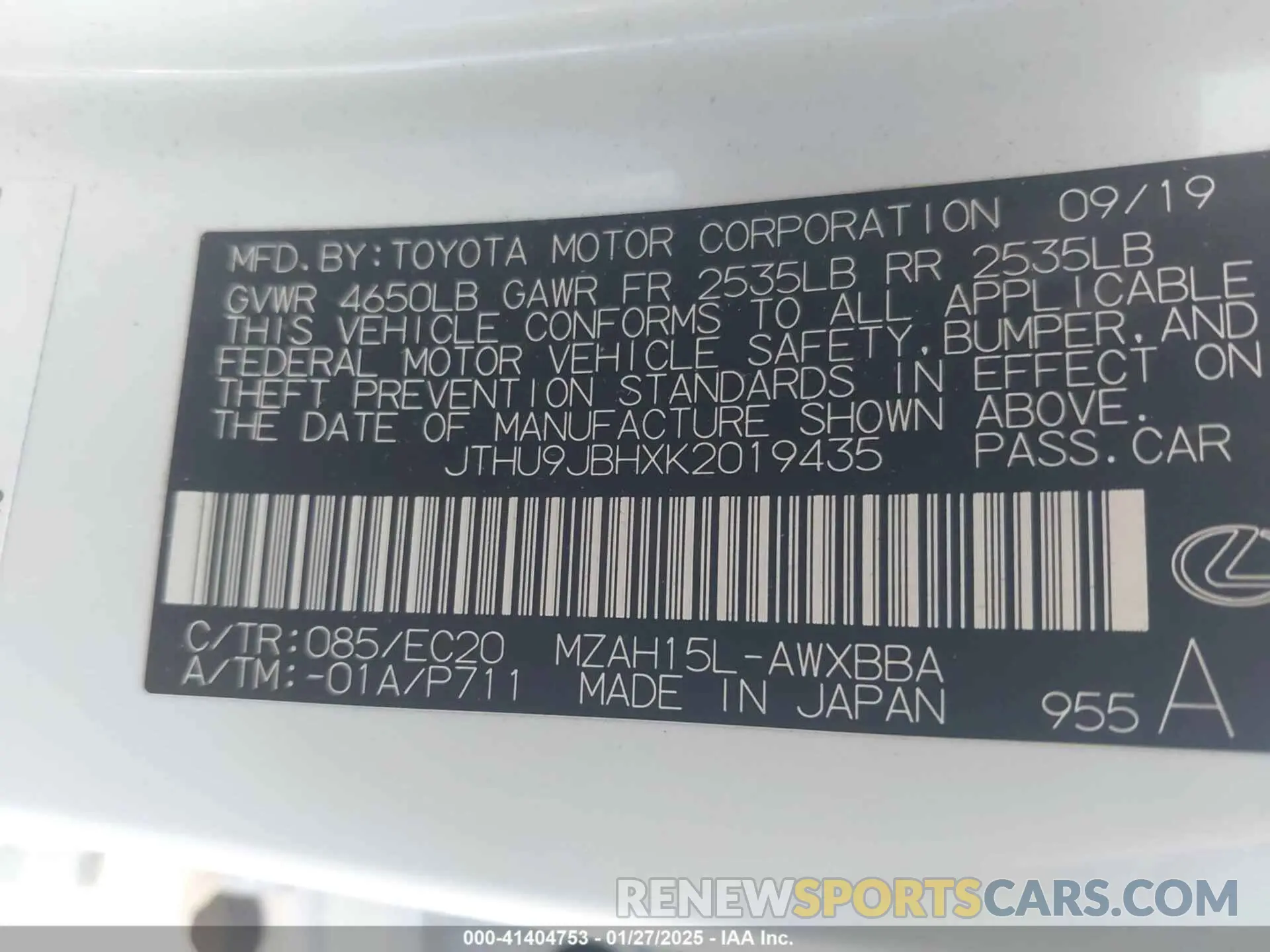 9 fotografías del automóvil dañado JTHU9JBHXK2019435 LEXUS UX 250H 2019