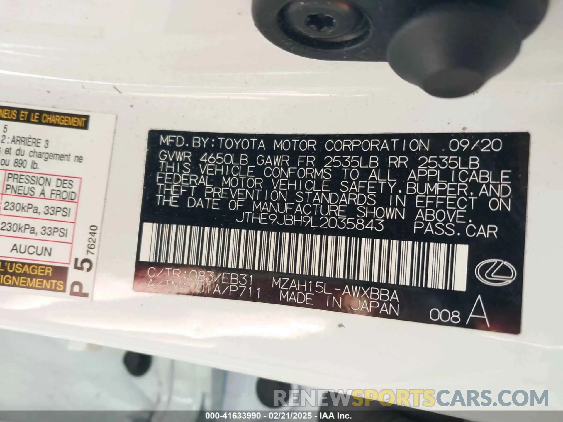 9 fotografías del automóvil dañado JTHE9JBH9L2035843 LEXUS UX 250H 2020