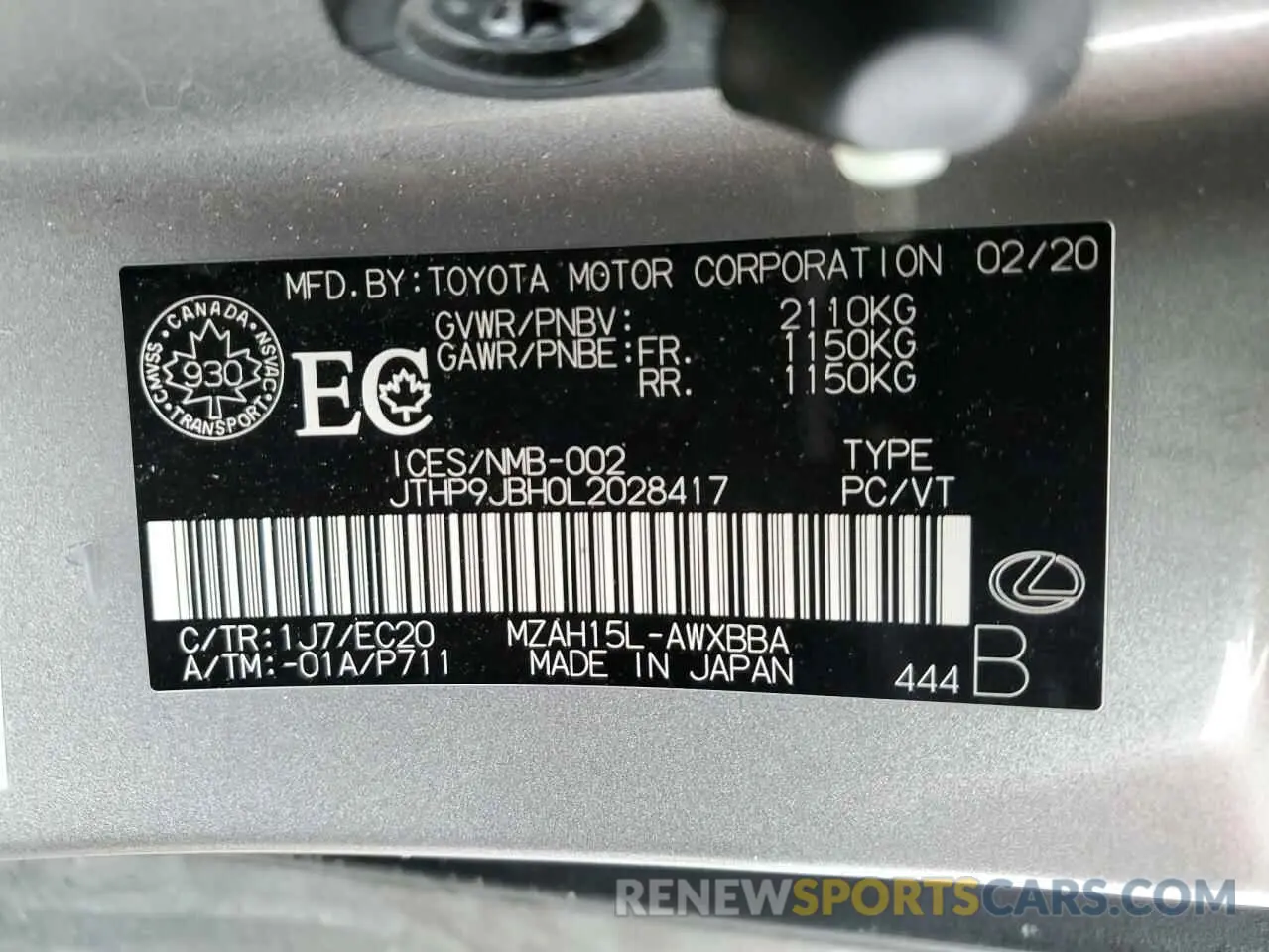 14 fotografías del automóvil dañado JTHP9JBH0L2028417 LEXUS UX 250H 2020