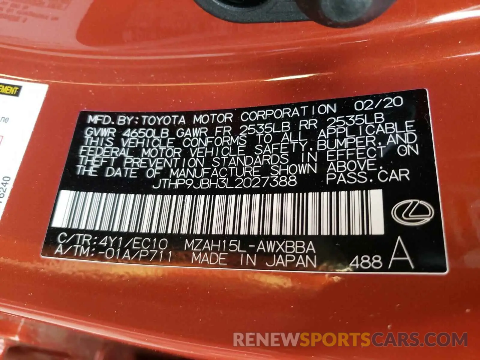 10 fotografías del automóvil dañado JTHP9JBH3L2027388 LEXUS UX 250H 2020