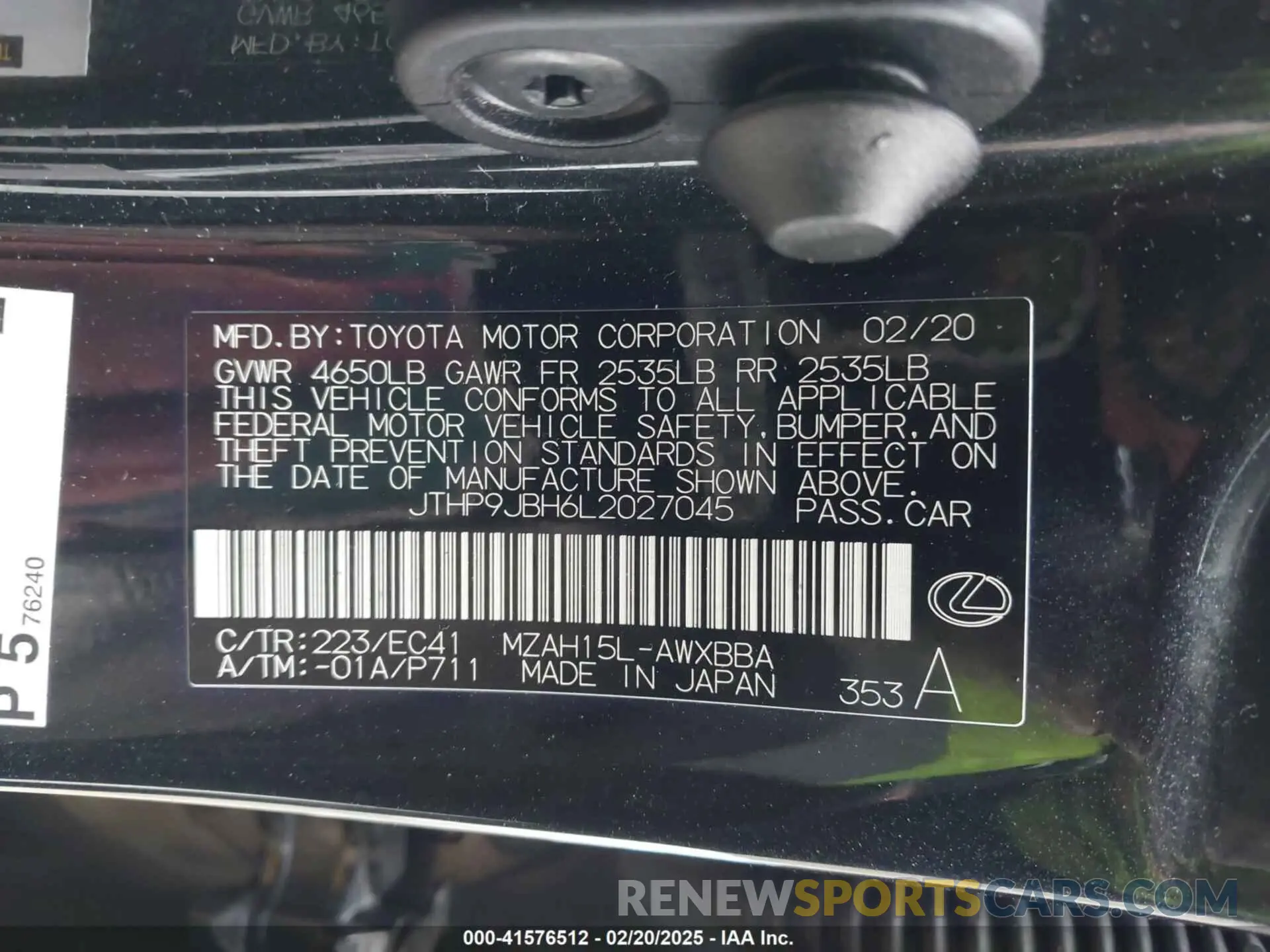 9 fotografías del automóvil dañado JTHP9JBH6L2027045 LEXUS UX 250H 2020