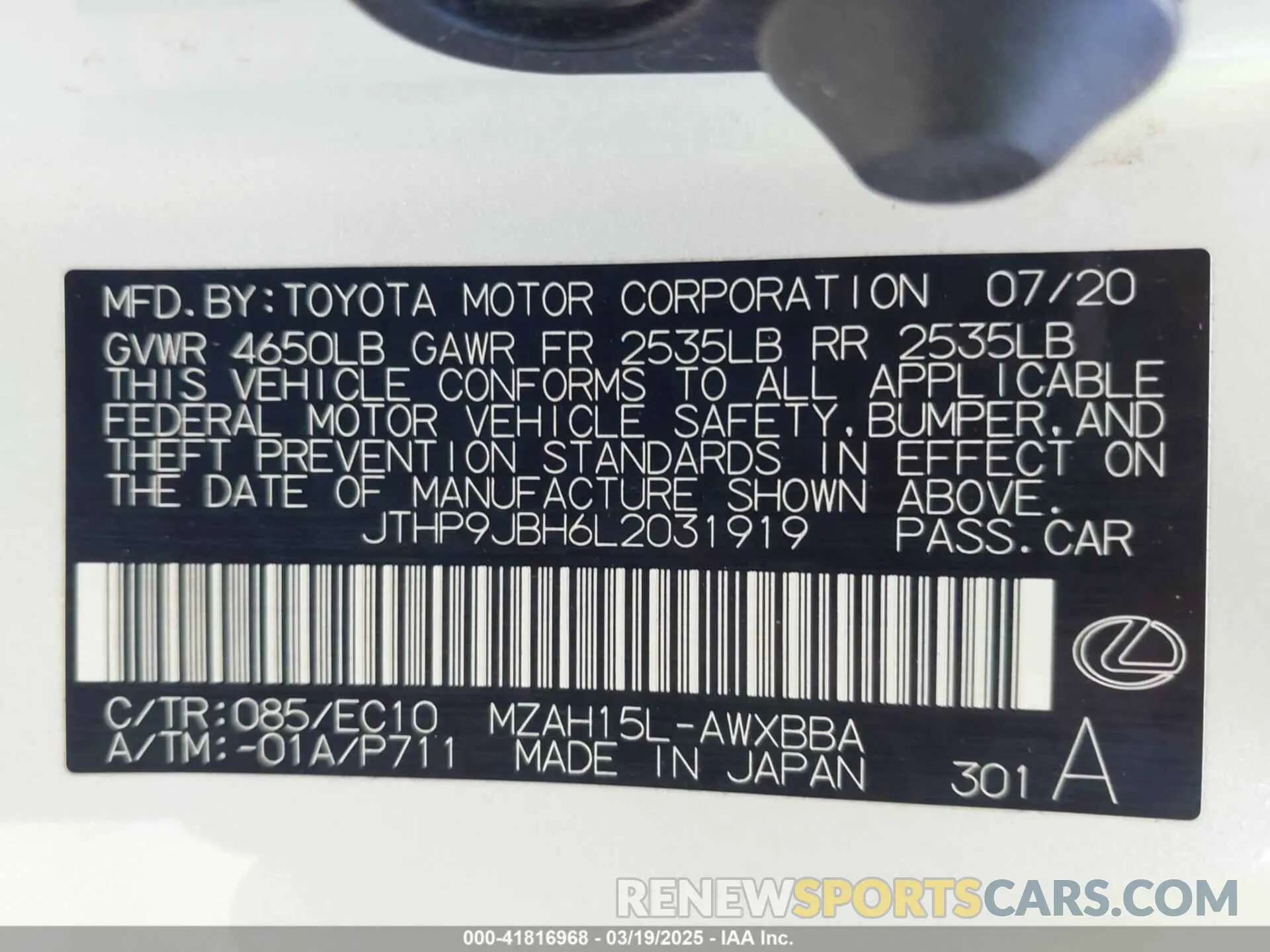 9 fotografías del automóvil dañado JTHP9JBH6L2031919 LEXUS UX 250H 2020