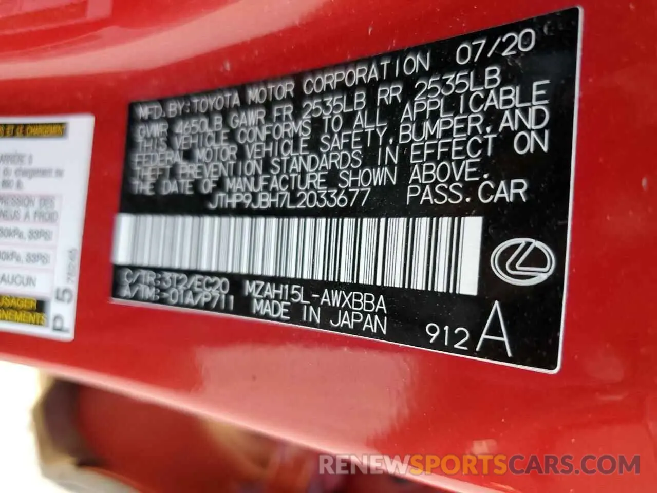 12 fotografías del automóvil dañado JTHP9JBH7L2033677 LEXUS UX 250H 2020