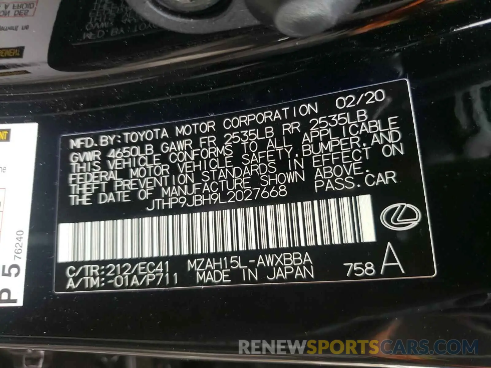 10 fotografías del automóvil dañado JTHP9JBH9L2027668 LEXUS UX 250H 2020