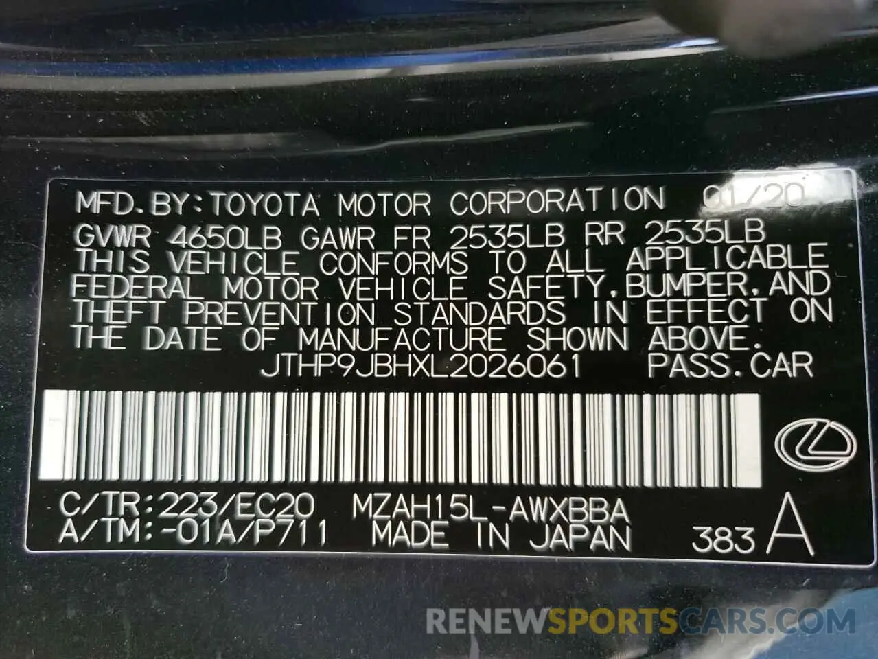 10 fotografías del automóvil dañado JTHP9JBHXL2026061 LEXUS UX 250H 2020