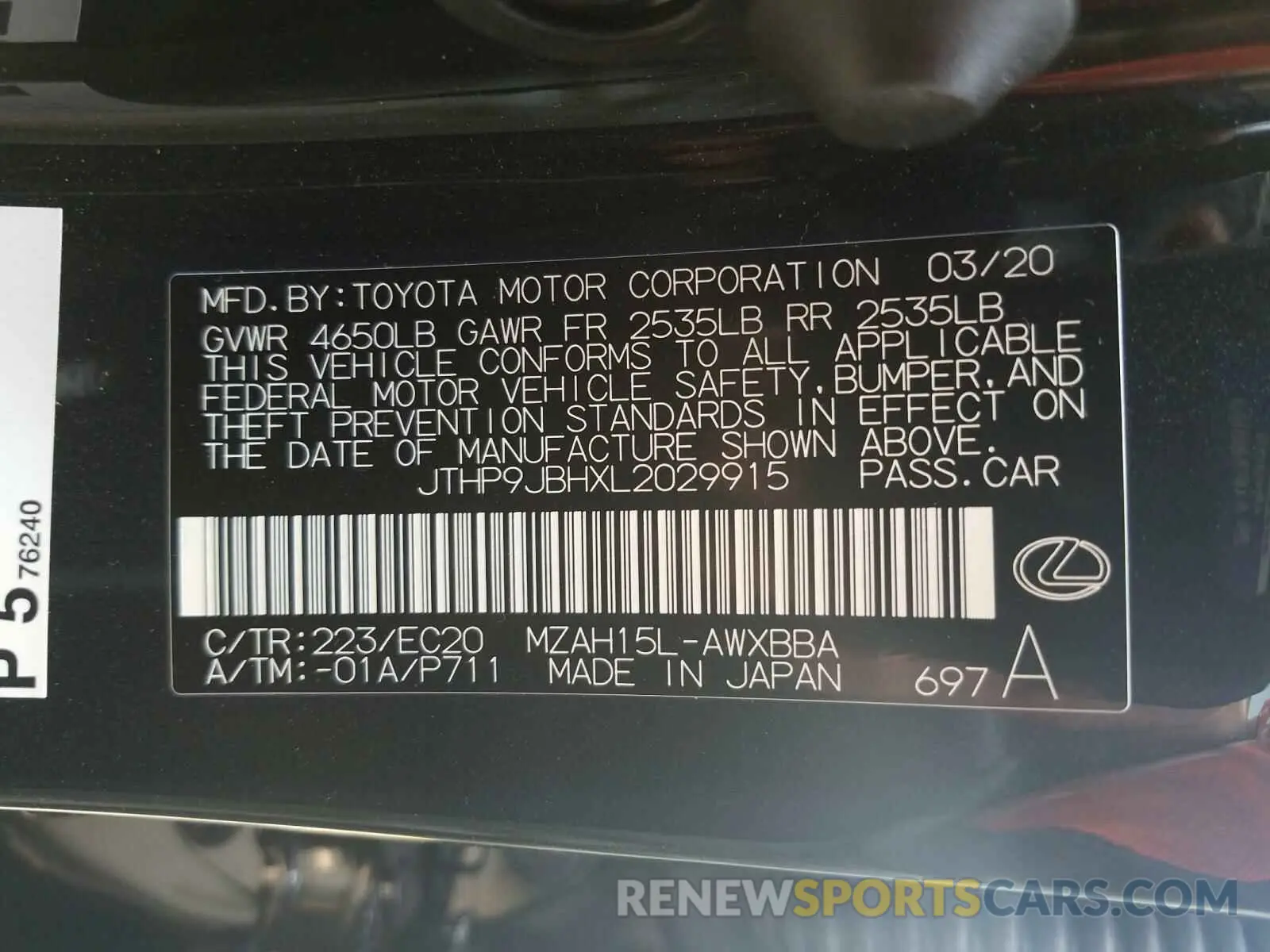 10 fotografías del automóvil dañado JTHP9JBHXL2029915 LEXUS UX 250H 2020