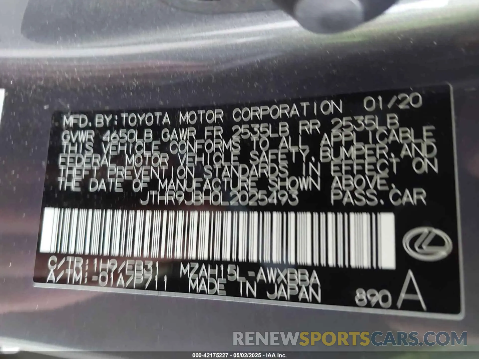 9 fotografías del automóvil dañado JTHR9JBH0L2025493 LEXUS UX 250H 2020
