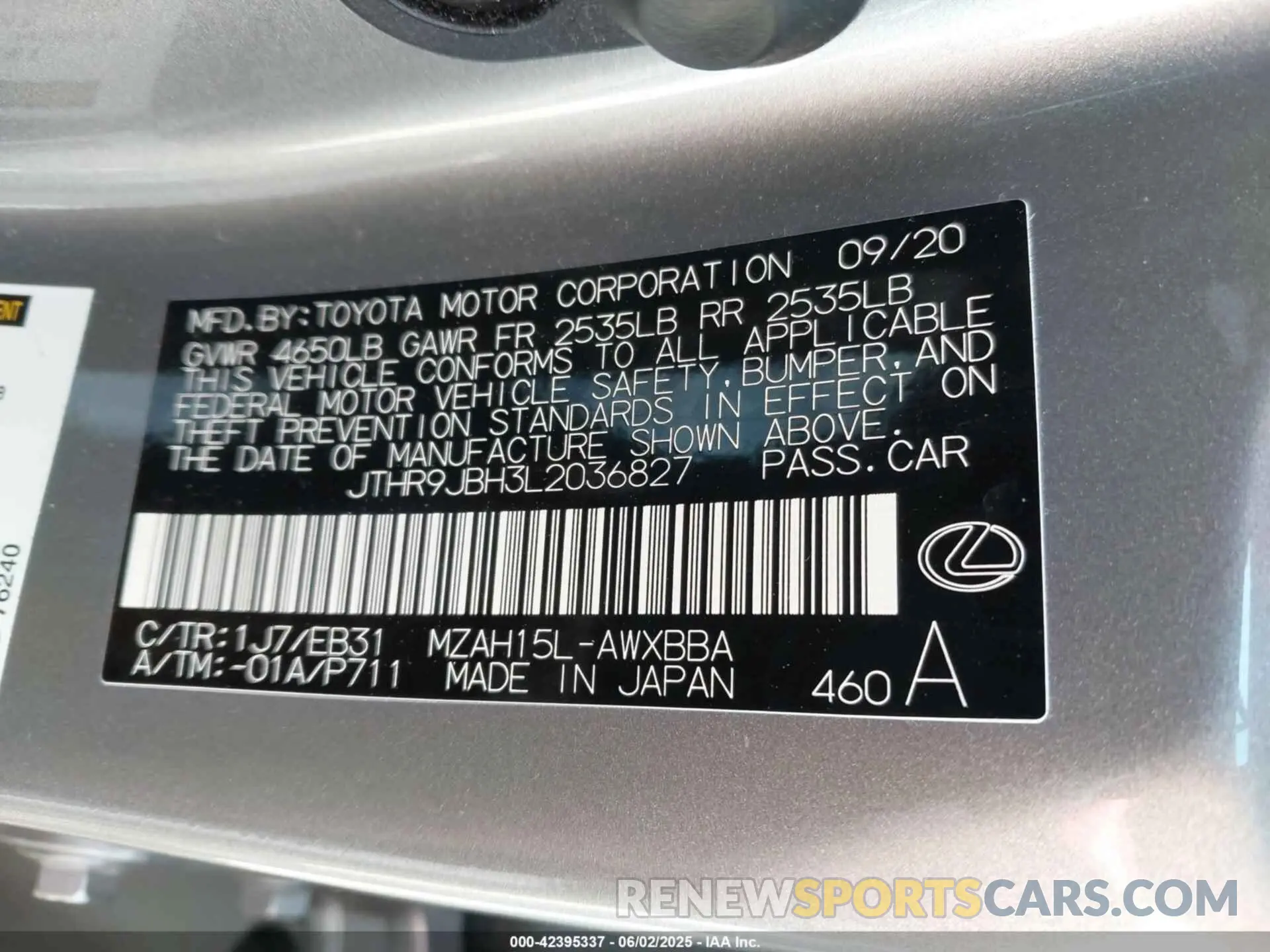 9 fotografías del automóvil dañado JTHR9JBH3L2036827 LEXUS UX 250H 2020