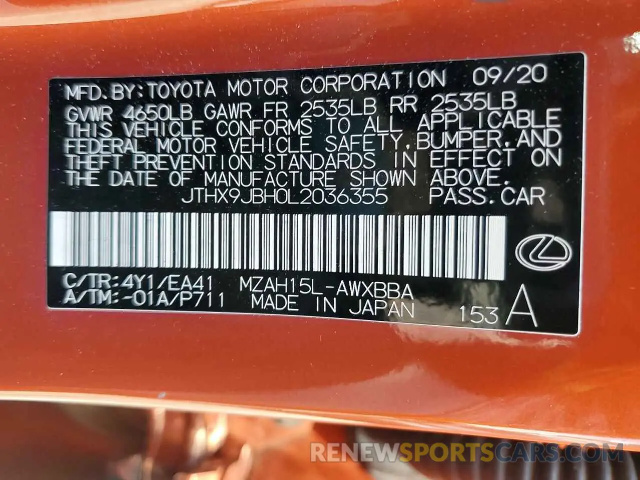 12 fotografías del automóvil dañado JTHX9JBH0L2036355 LEXUS UX 250H 2020