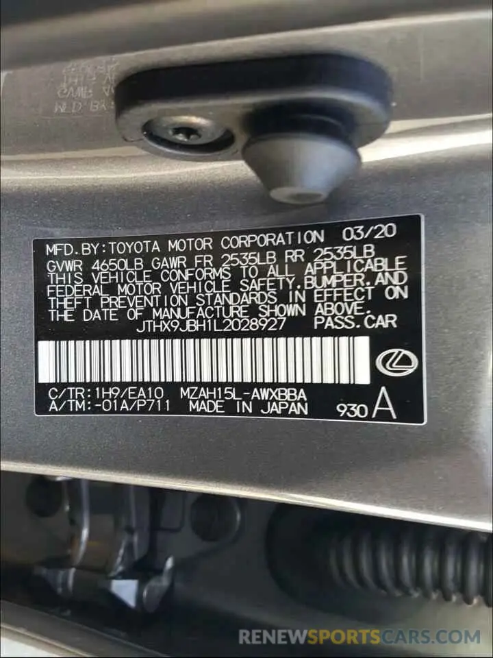 10 fotografías del automóvil dañado JTHX9JBH1L2028927 LEXUS UX 250H 2020