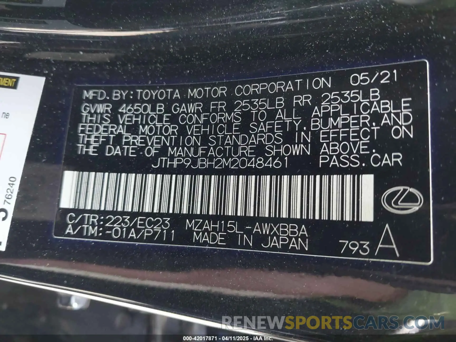 9 fotografías del automóvil dañado JTHP9JBH2M2048461 LEXUS UX 250H 2021